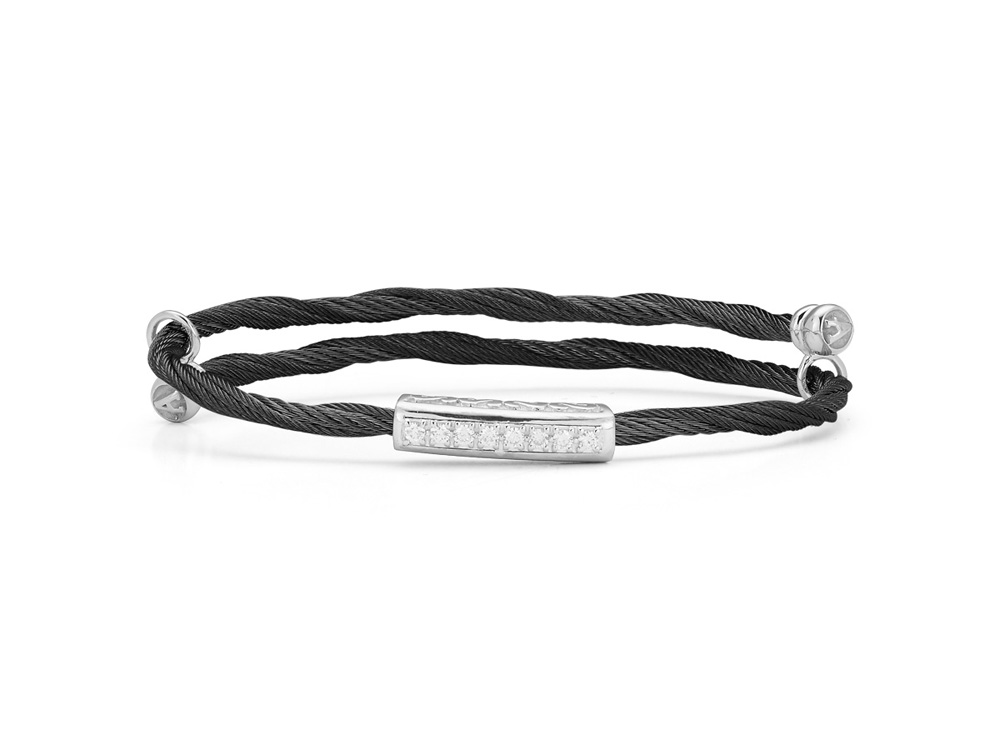 18k Bangle White Gold & Ss Black Cable W/1 Long Rectangular Station 0.18 Ct