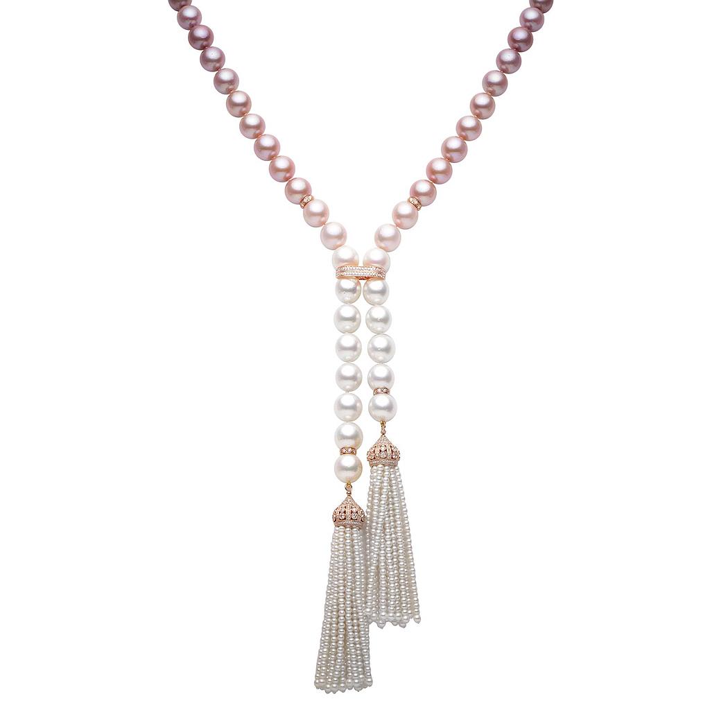 Pink Fresh Water & South Sea Pearl 18k Rose Gold Diamond Tassel Opera Necklace