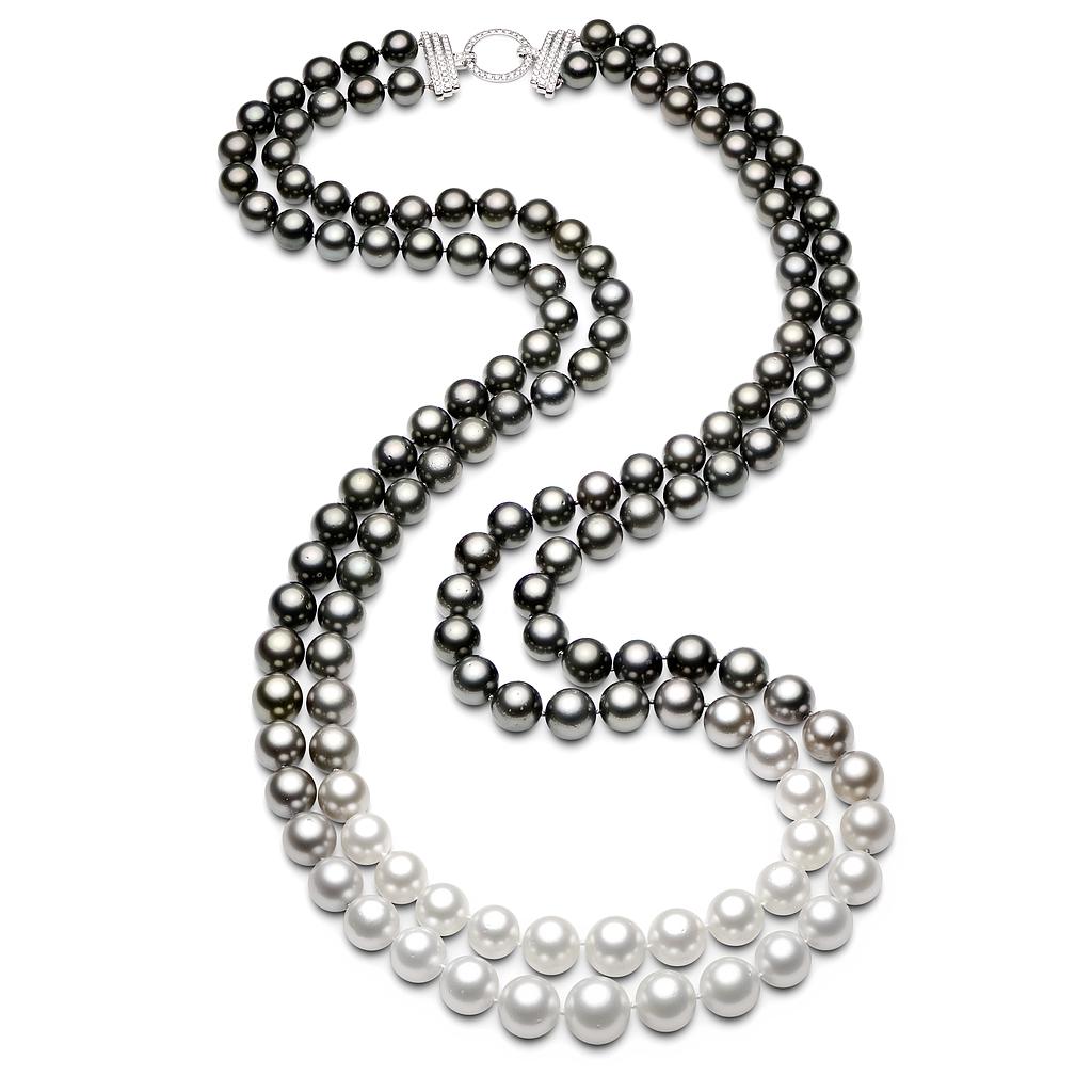 Tahitian & South Sea Double Ombre Opera Necklace W/18k White Gold 1.20ct Clasp