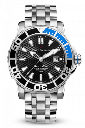 Carl F. Bucherer Patravi Scubatec Stainless Steel Bracelet Black Dial Black &amp; Blue Bezel Date At 3