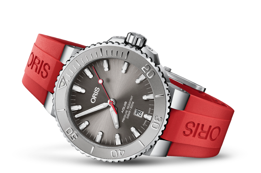 Oris Aquis Date Diver 43.5mm Grey Dial On Red Rubber Strap