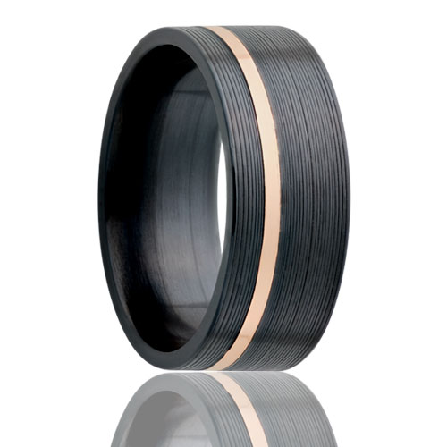 8mm Zirconium Pipe Cut 14k Offset Rose Gold Inlay Machine Finish Wedding Band
