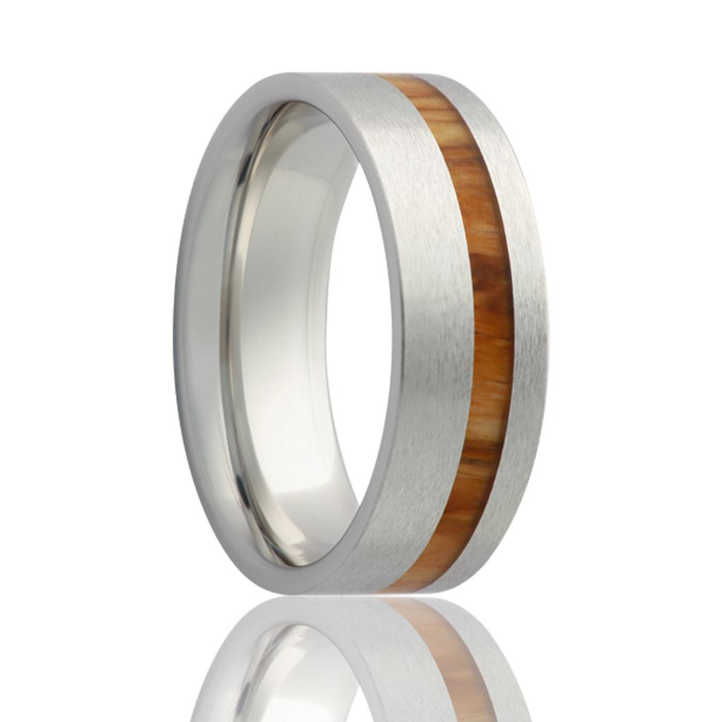 8mm Cobalt Pipe Cut Offset Whiskey Barrel Wood Inlay Wedding Band