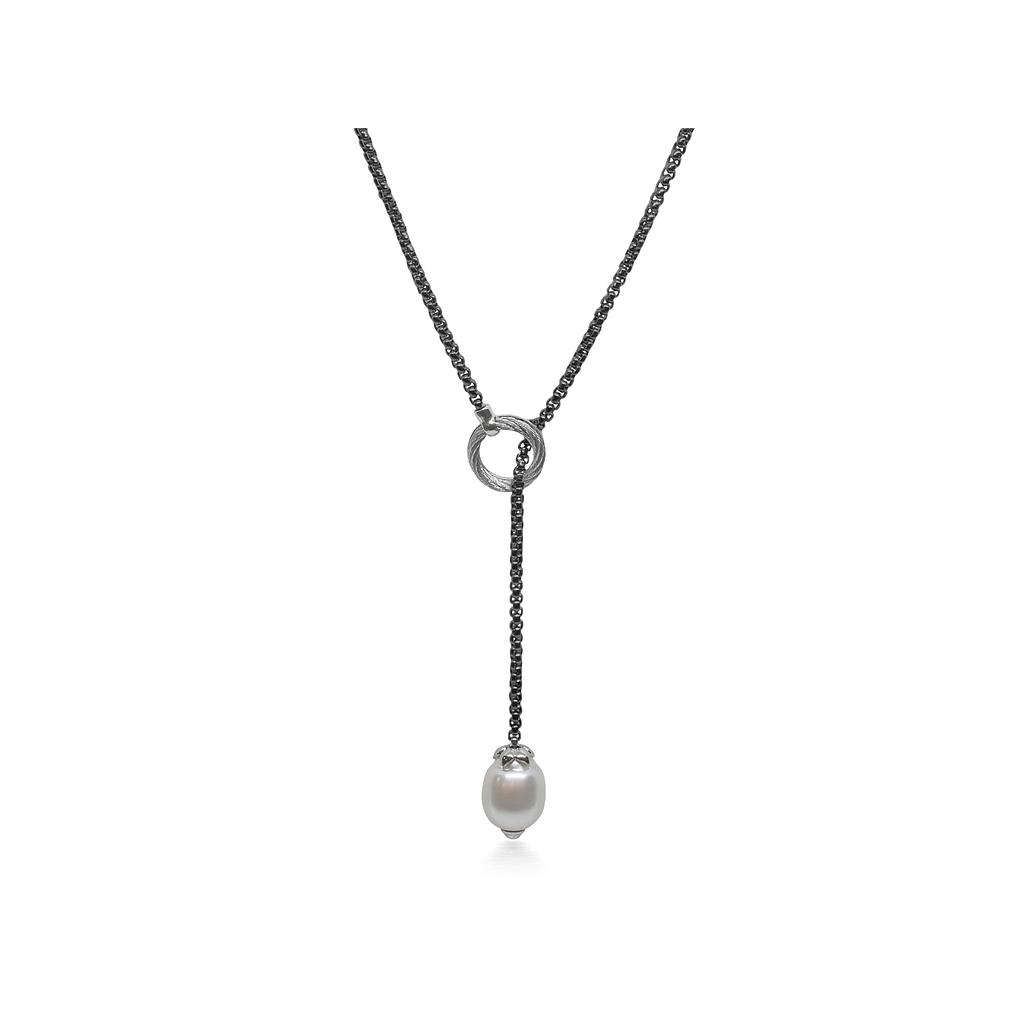 Black Chain Lariat Necklace With South Sea Pearl
