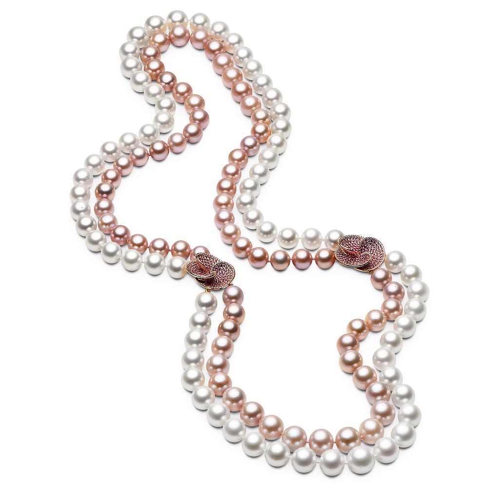 18k Pink Gold Double Strand Pink Fresh Water & White South Sea Pearl Necklace With 2 Ombre Pink Sapphire Flower Spacers