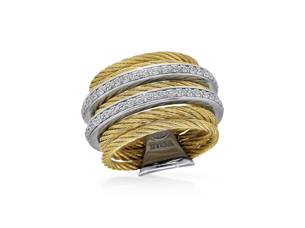 Yellow 7 Row Cable Ring With Dual Rows Of 18k White Gold &amp; Diamonds