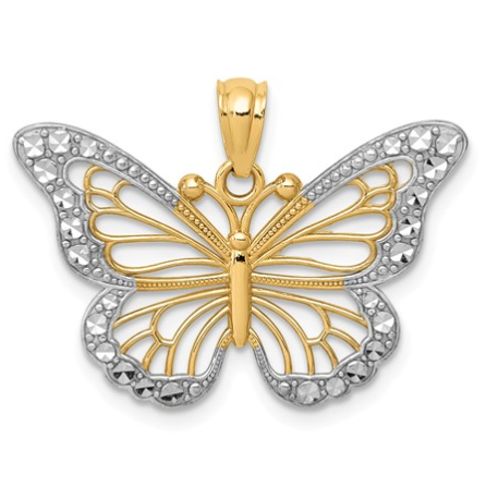 14k & Rhodium Diamond-Cut Polished Open Butterfly Pendant