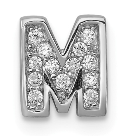 Sterling Silver Rhodium Plated Cz Letter M Slide Charm