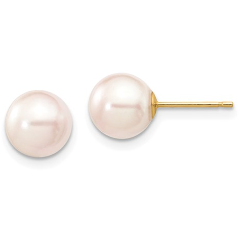 14k 7-8mm Round White Saltwater Akoya Cultured Pearl Stud Post Earrings