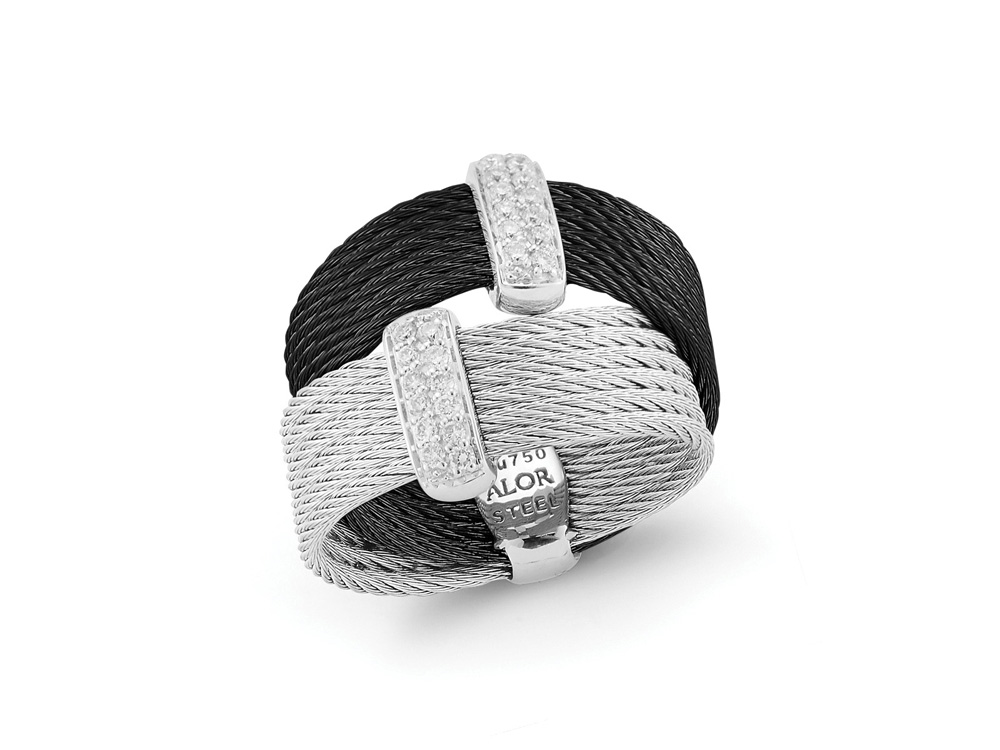 Black &amp; Grey Cable Crossed Ring With 18k White Gold &amp; Diamonds