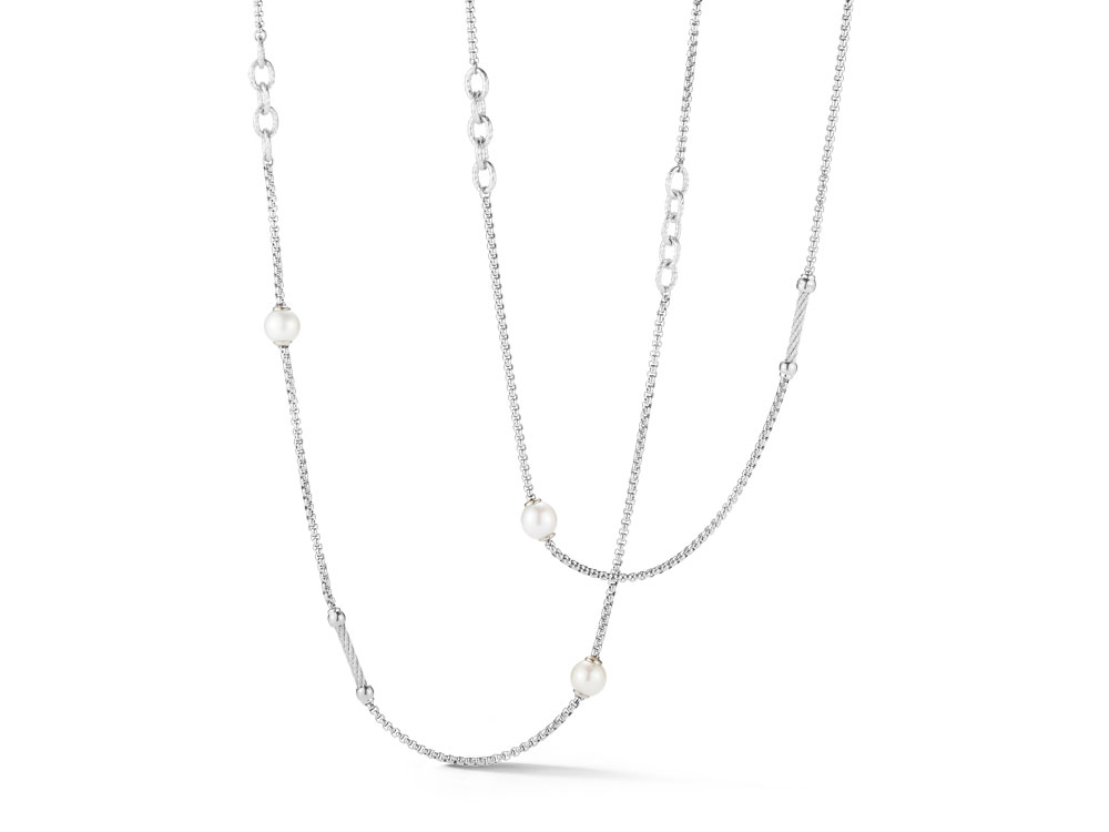 Steel 3 Links Section 4 Pearl Long Necklace