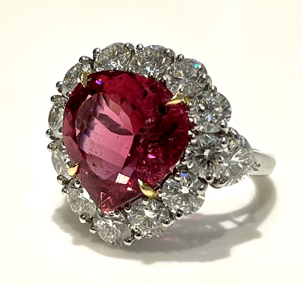 Platinum Pear Shape Pink Tourmaline Ring With Large Diamond Halo
