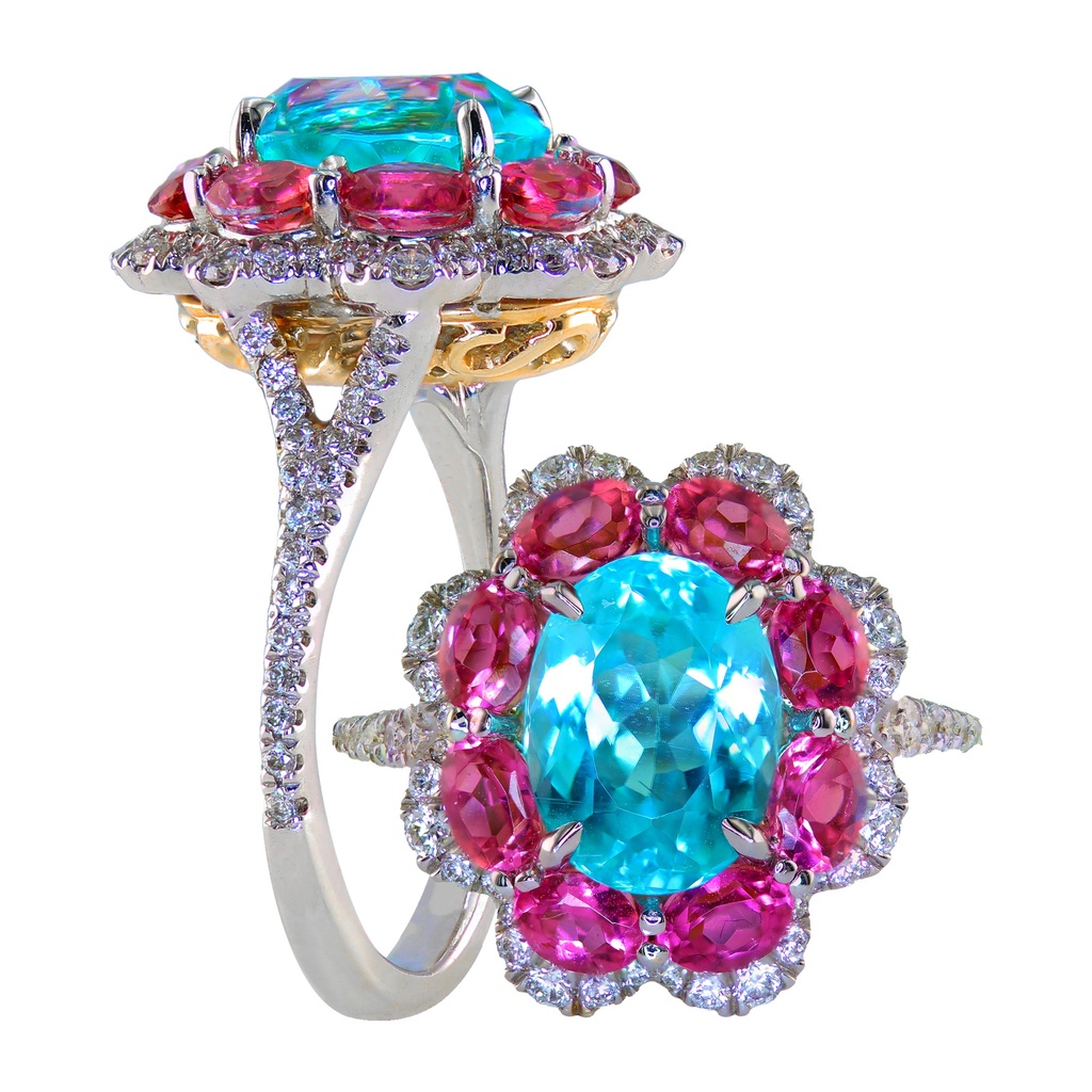 18k Twotone Paraiba &amp; Pink Tourmaline Diamond Ring
