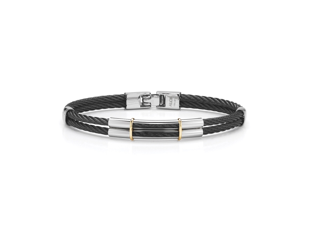 Men's Black Bangle Cable Bracelet 18k Yellow Gold & Stainless Steel