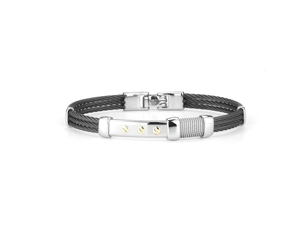 Men's Black Cable Bracelet With Asymmetrical Textured Steel & 18k Yellow Gold Station