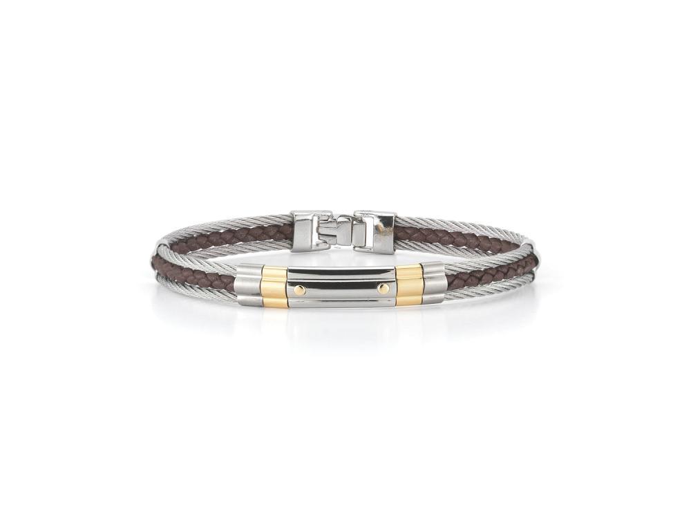 Men's Grey Cable & Brown Leather Striped Bracelet With Steel & 18k Yellow Gold Station