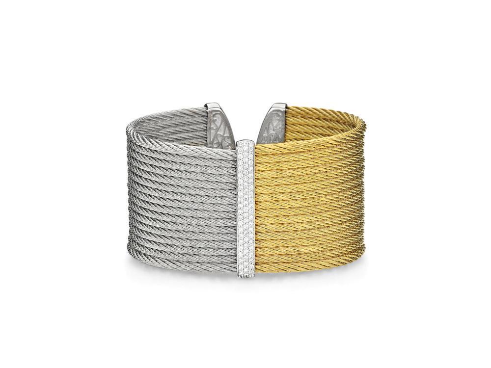 Large Cuff 18k Bangle White Gold &amp; Ss S Grey &amp; Yellow Cable Size 6.25
