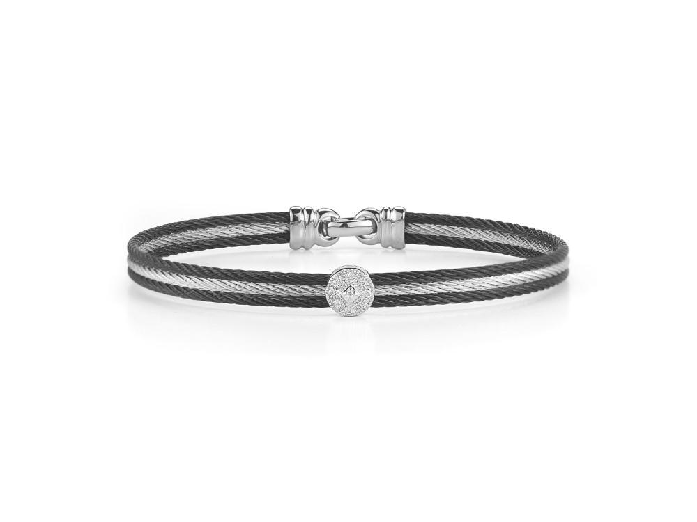 18k Bangle White Gold & Ss W/Black Rim & Gray Cable, 1 Round Station Size 7