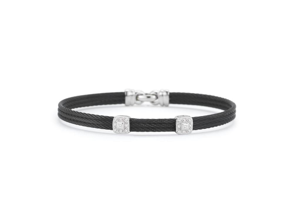18k Bangle White Gold & Ss W/Black Ss Cable, Square Size 7