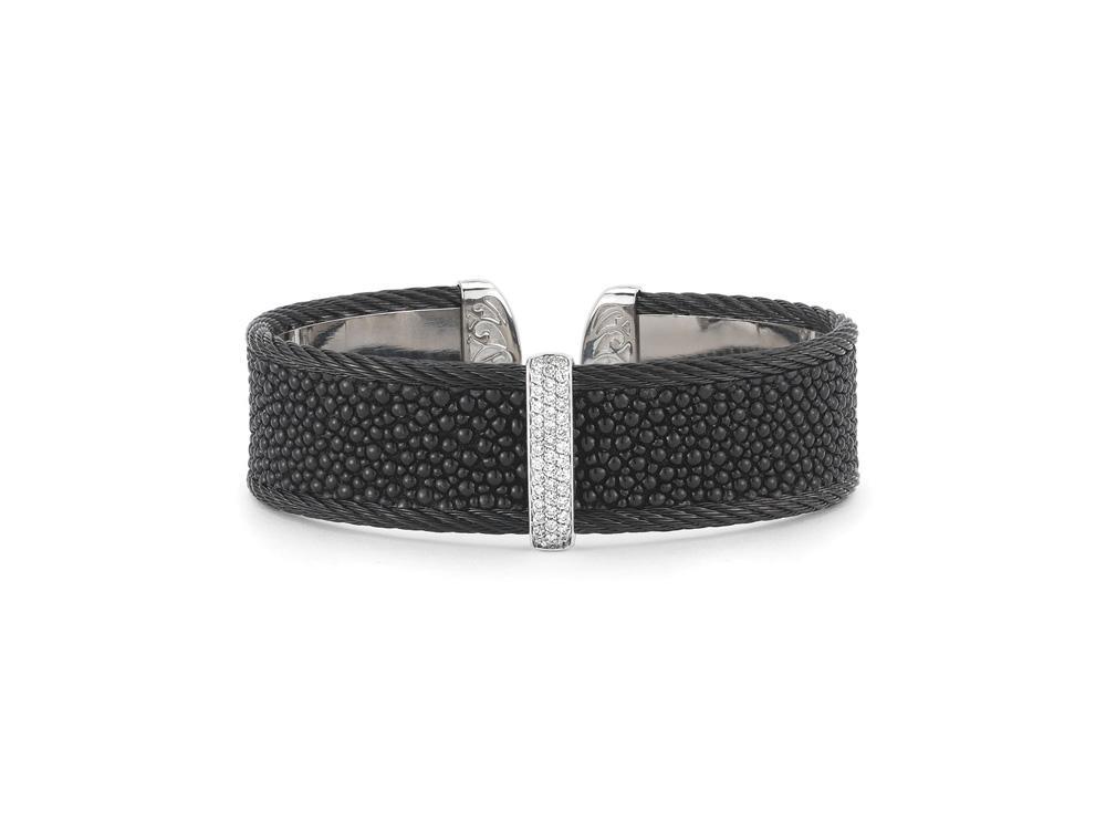 18k Bangle White Gold & Ss W/Black Stingray Skin & Black PVD Size 6.25