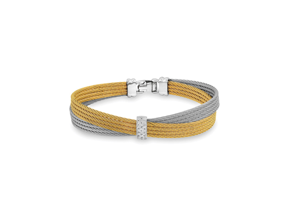 18k Bangle White Gold & Ss W/Grey & Yellow Size 7