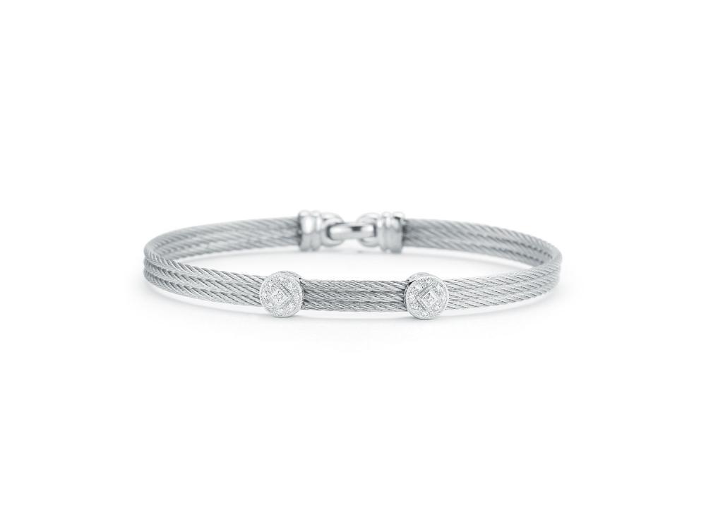 18k Bangle White Gold & Ss W/Ss Cable, 2 Round Size 7