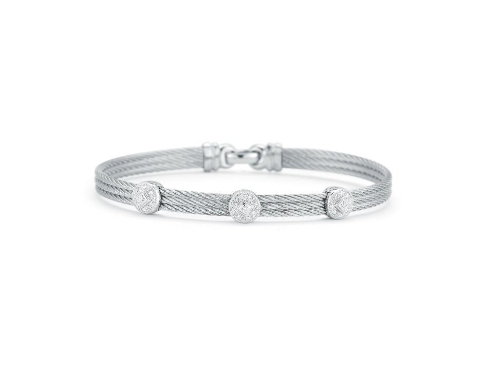 18k Bangle White Gold & Ss W/Ss Cable, 3 Round Size 7