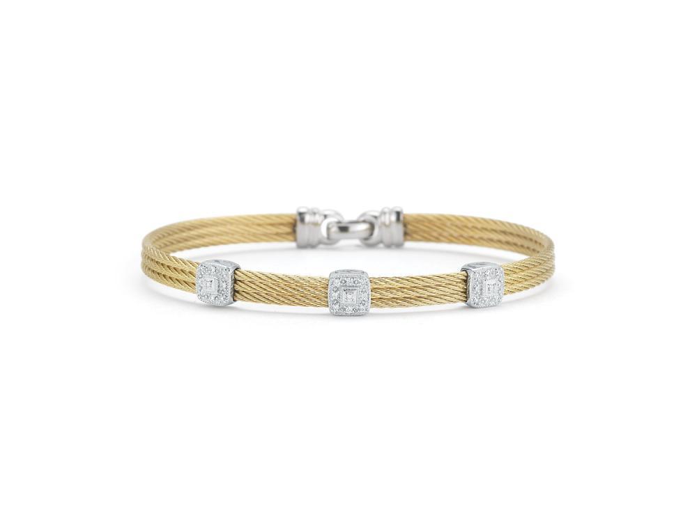 18k Bangle White Gold & Ss W/Yellow Ss Cable, 3 Square Size 6.5
