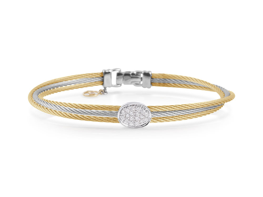 18k Bangle Yellow Gold &amp; Ss Two Tone Cable &amp; Dia. Oval Size 7