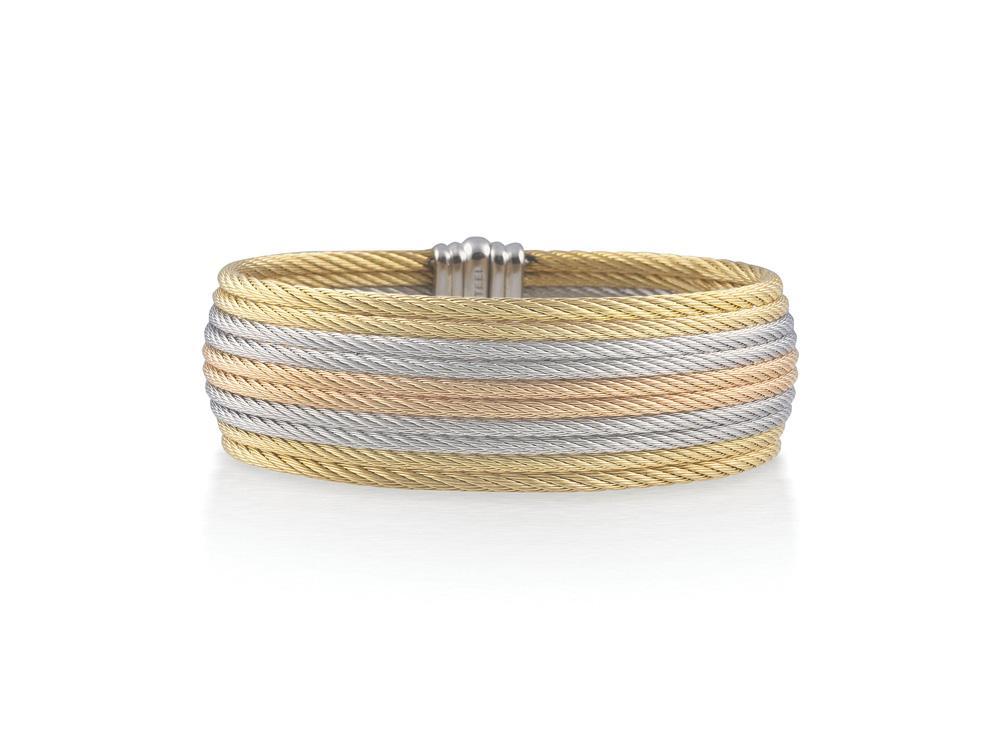 18k Bangle Yellow Gold & Ss W/10 Row Tri Color Cable Size 6.5