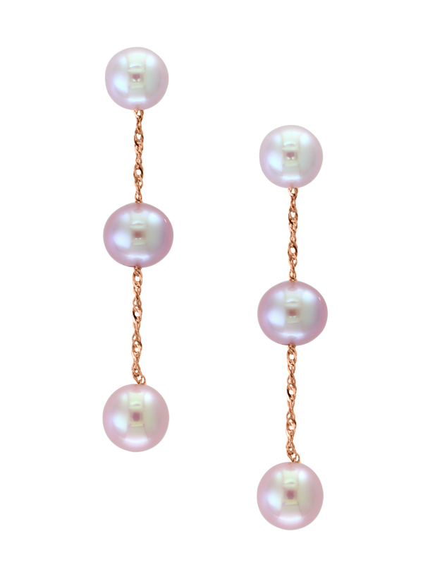 14k Rose Gold Natural Pink Fresh Water 3 Pearl Drop Earrings Center 6-6.5m
