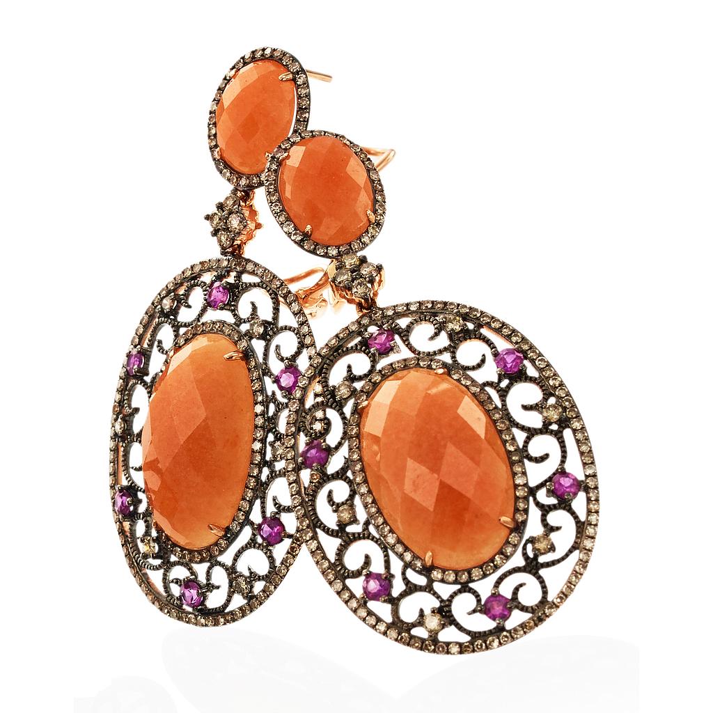 14k Rose Gold Pink & Orange Sapphire Earring W/Brown Diamond & Black Rhodium