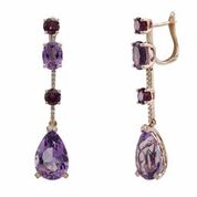 14k Rose Gold Rhodolite Garnet, Amethyst & Diamond Drop Earrings
