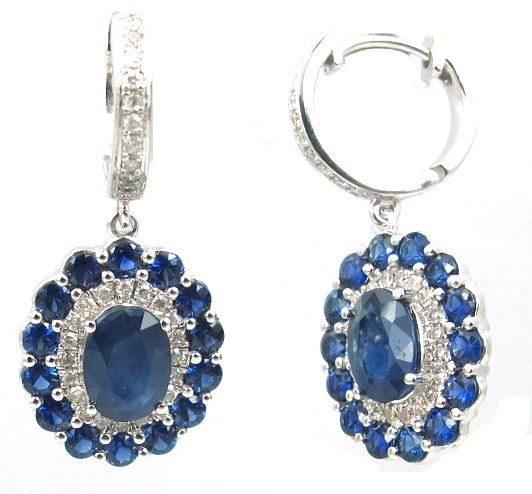 14k White Gold Sapphire Dangle Earrings With Sapphire & Diamond Halo