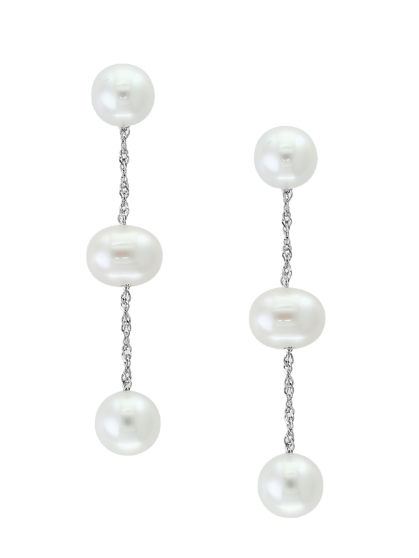 14k White Gold White Fresh Water 3 Pearl Drop Earrings Center 6-6.5m