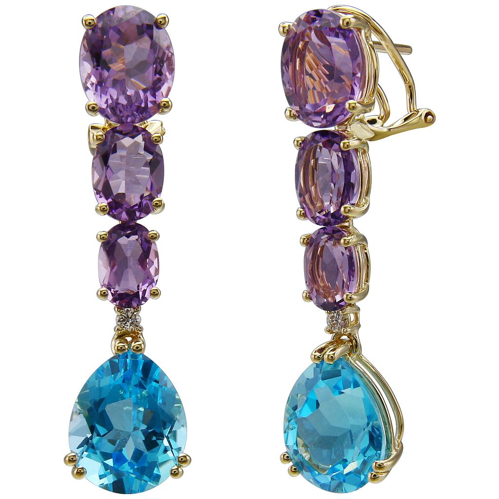 14k Yellow Gold Amethyst & Blue Topaz Drop Earrings