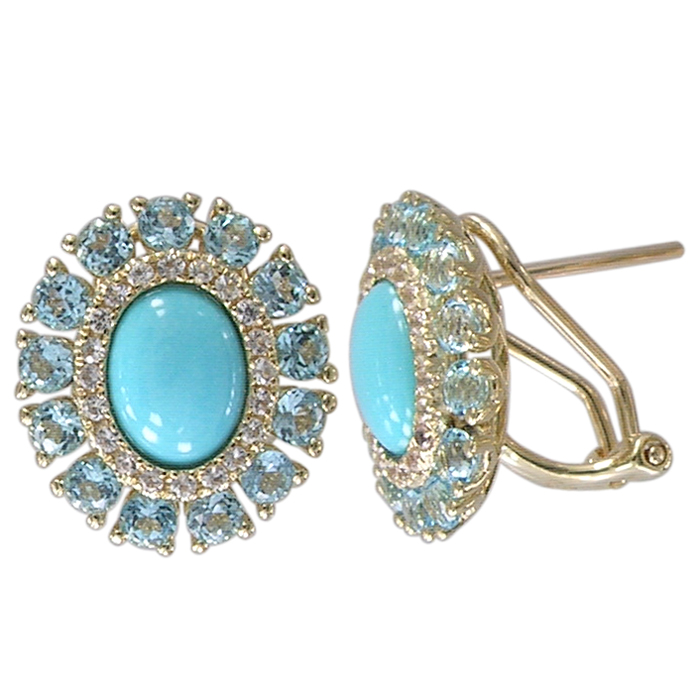 14k Yellow Gold Turquoise &amp; Blue Topaz Diamond Earrings