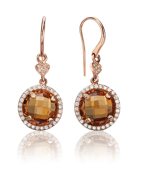 18k Rose Gold 11m Round Citrine Earrings W/.50cts Diamonds