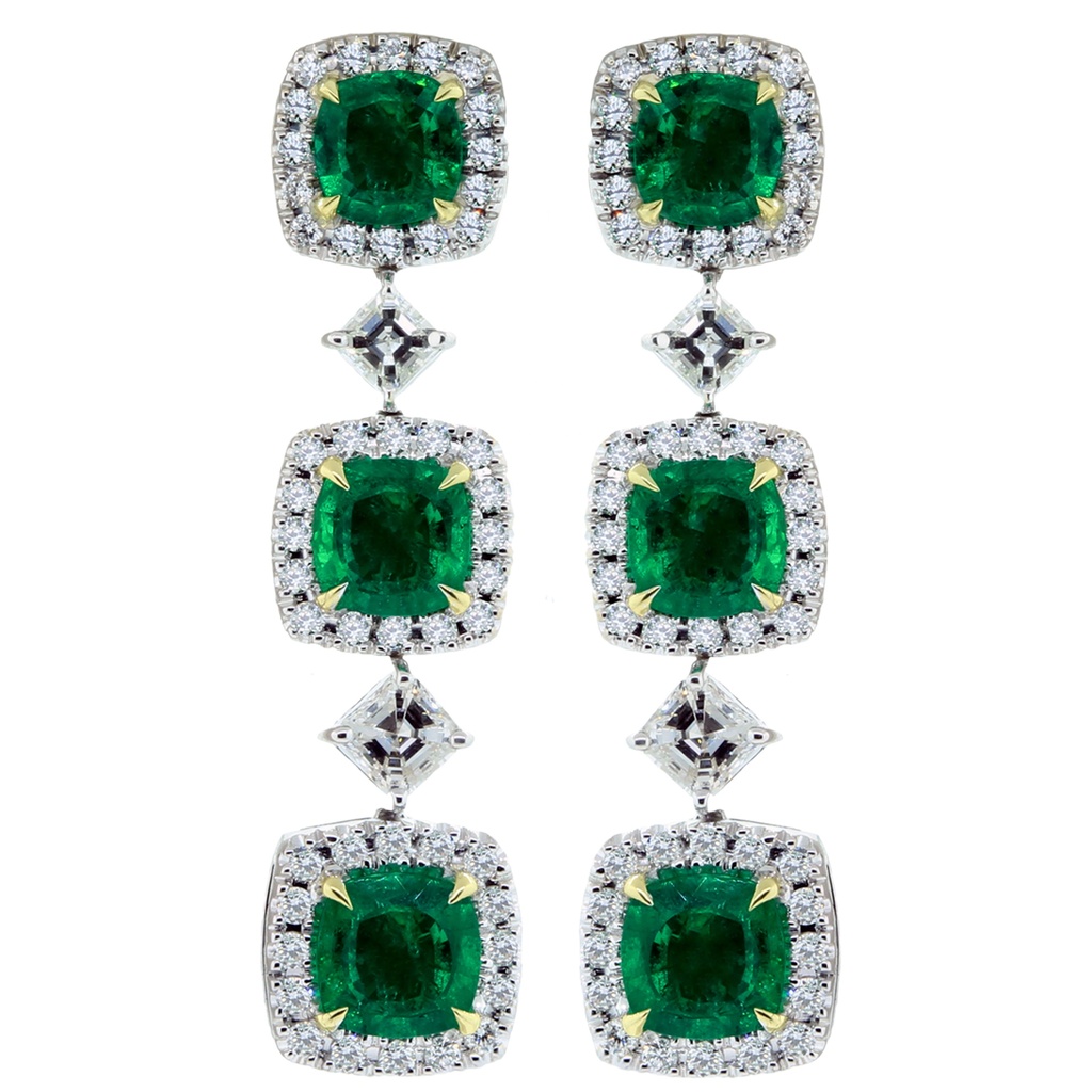 18k Twotone Emerald &amp; Diamond 3 Station Drop Earrings