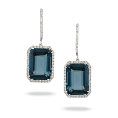 18k White Gold London Blue Topaz With Halo Emerald Cut Drop Earrings