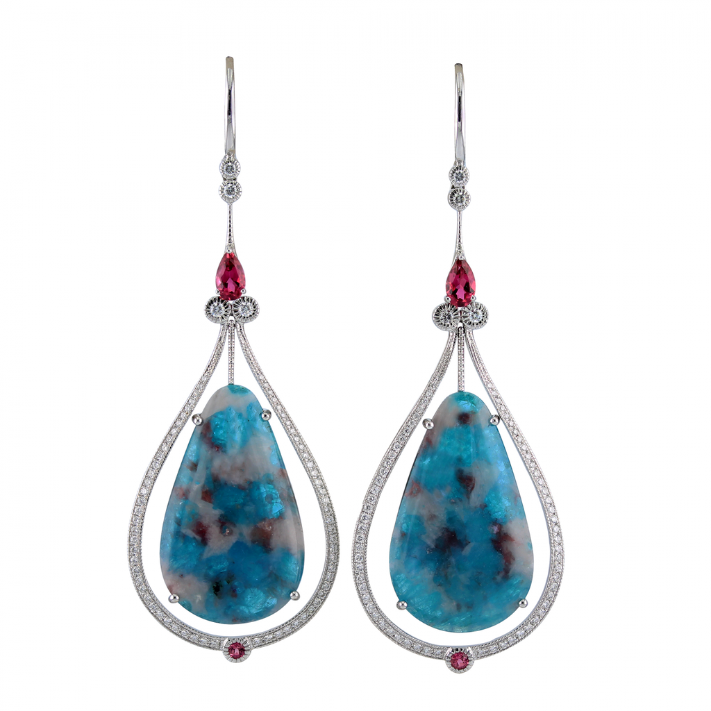 18k White Gold Matrix Paraiba Tourmaline Earrings With Pink Tourmaline & Diamond
