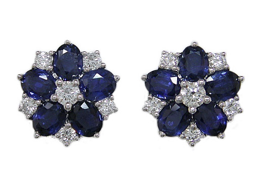 18K White Gold Sapphire Diamond Flower Earrings