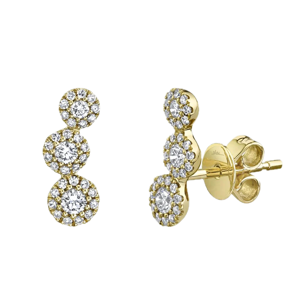 Eden 14k Yellow Gold 3 Stone Halo 0.36cts Curved Drop Earrings