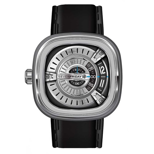 [SE.WATC.0001546] Sevenfriday M1/1 Stainless Steel Watch On A Black Leather Strap. Blue Accents.