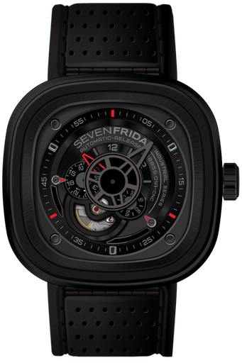 [SE.WATC.0001549] Sevenfriday P3/1 Industrial Engines Stainless Steel & Black PVD Watch W/Red Accents. Black/Red Strap