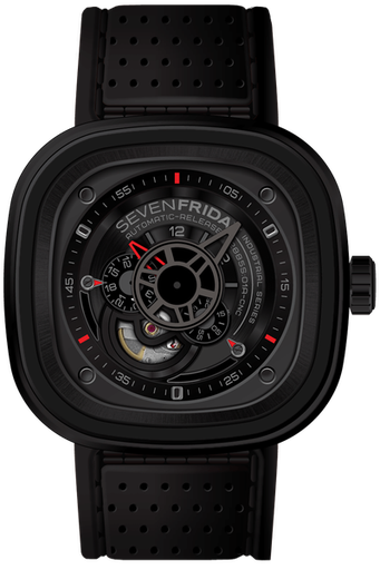 [SE.WATC.0001549] Sevenfriday P3/1 Industrial Engines Stainless Steel &amp; Black PVD Watch W/Red Accents. Black/Red Strap