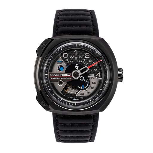 [W .WATC.0001554] Sevenfriday V3/1 Series Stainless Steel PVD Open Balance Wheel Mvmt. Black Leather Strap. 44m