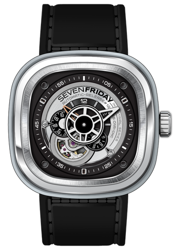 [W .WATC.0001555] Sevenfriday P Series Industrial Essence. Stainless Steel Case Black Leather Strap