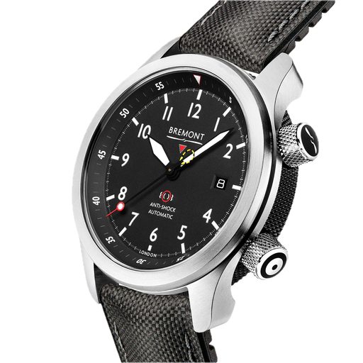 [BE.WATC.002362] Bremont Mbii/An, Stainless Steel, Black Arabic Dial On A Black Leather &amp; White Stitched Strap.