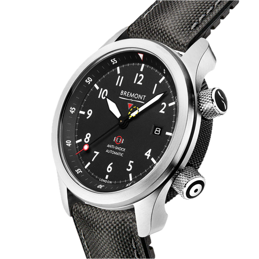 [BE.WATC.002362] Bremont Mbii/An, Stainless Steel, Black Arabic Dial On A Black Leather & White Stitched Strap.